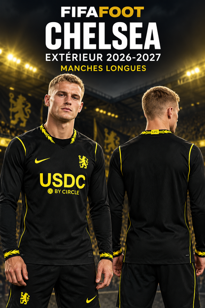 Affiche FIFAFOOT du maillot Chelsea extérieur 2026-2027 à manches longues, mannequin de face et de dos