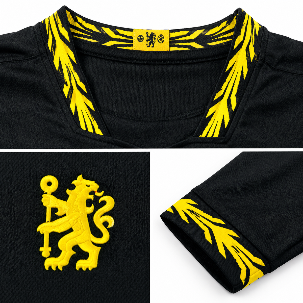 Détails du maillot Chelsea extérieur 2026-2027 : col, lion jaune et poignets des manches longues