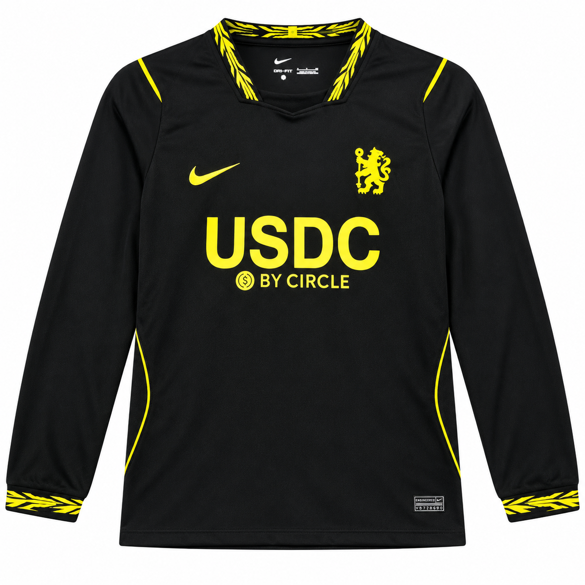 Maillot Chelsea extérieur 2026-2027 à manches longues, vue de face sur fond blanc