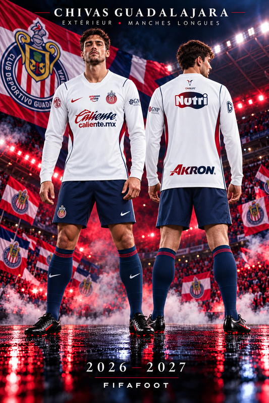Maillot Chivas extérieur 2026-2027 manches longues blanc – affiche face et dos