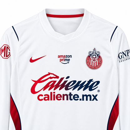 Maillot Chivas extérieur 2026-2027 manches longues blanc – détails du col et de la poitrine
