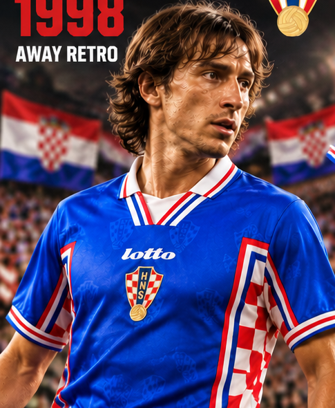 Mannequin masculin portant le maillot bleu rétro Croatie 1998 extérieur