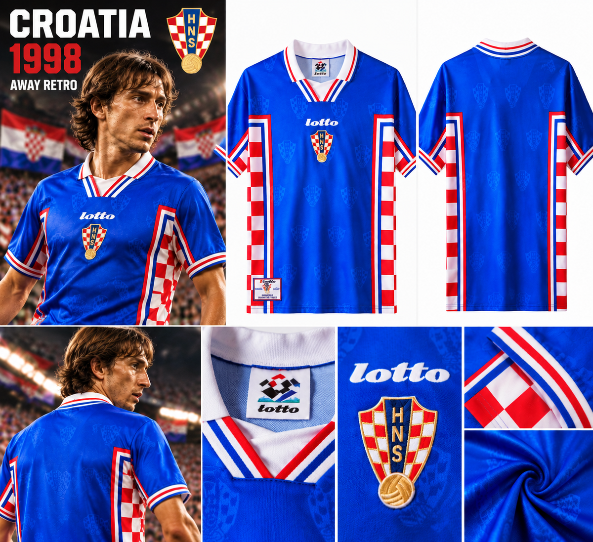 Affiche premium Croatia 1998 Away Retro avec mannequin masculin et vues détaillées du maillot