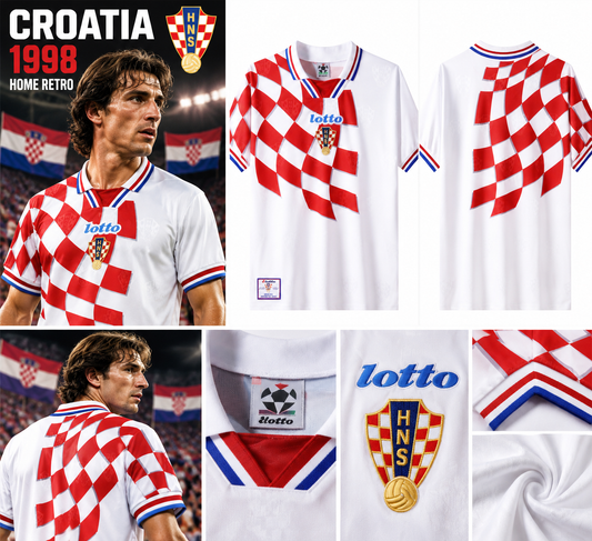 Affiche premium Croatia 1998 Home Retro avec mannequin masculin et vues du maillot