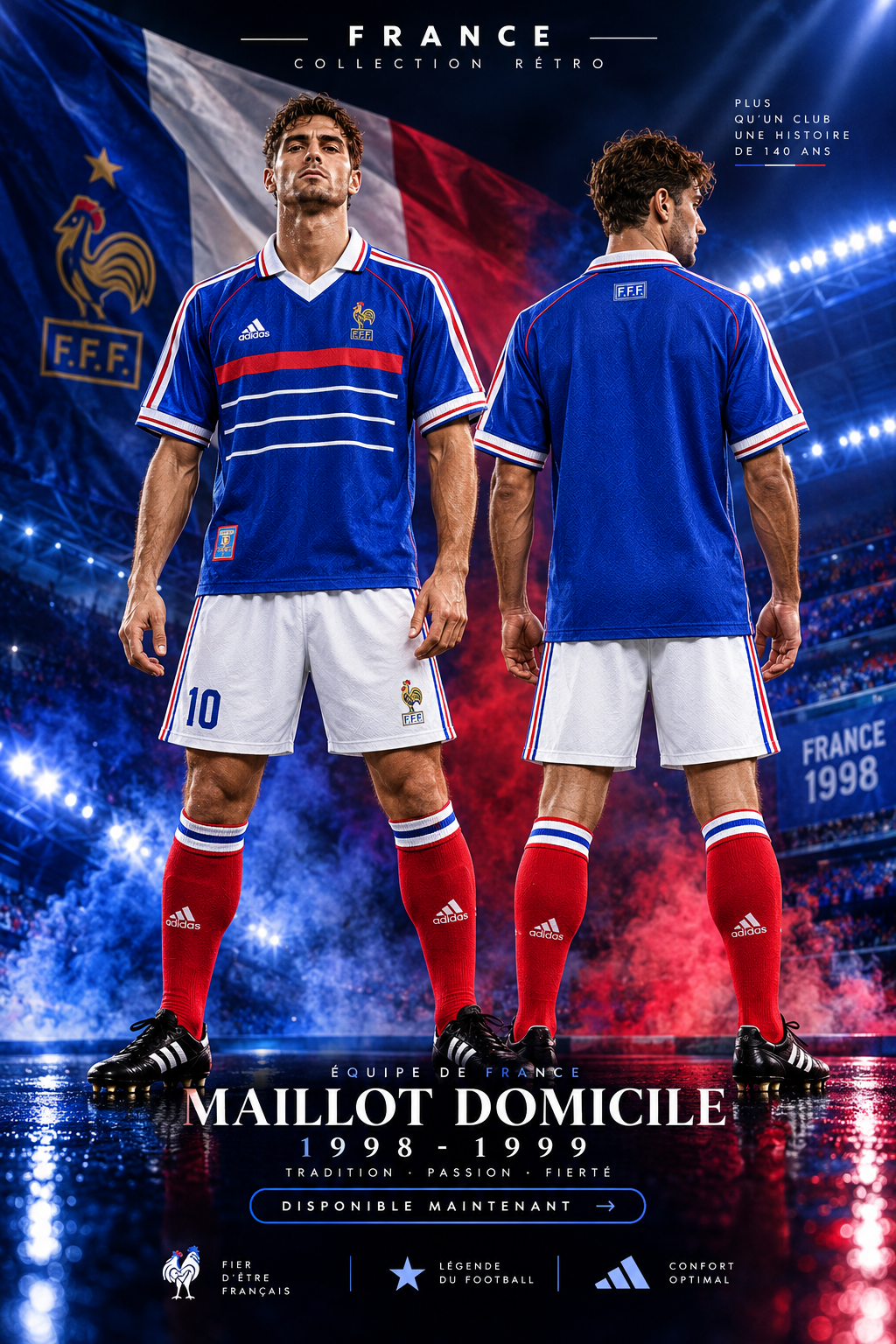 Maillot rétro Équipe de France domicile 1998-1999 adidas, bleu royal avec bande rouge, porté face et dos sur fond de drapeau tricolore