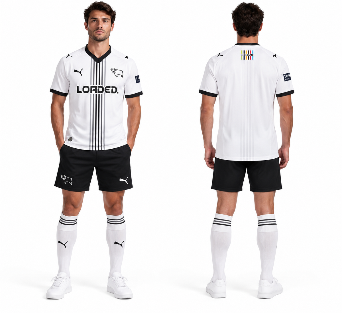 Mannequin portant le maillot domicile Derby County 26/27 de face et de dos