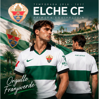 Affiche premium Elche CF Home 2026-2027 avec deux mannequins masculins de face et de dos