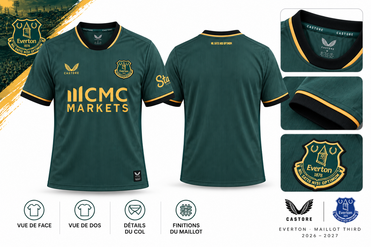 Maillot Everton third 2026-2027 vert et or — details