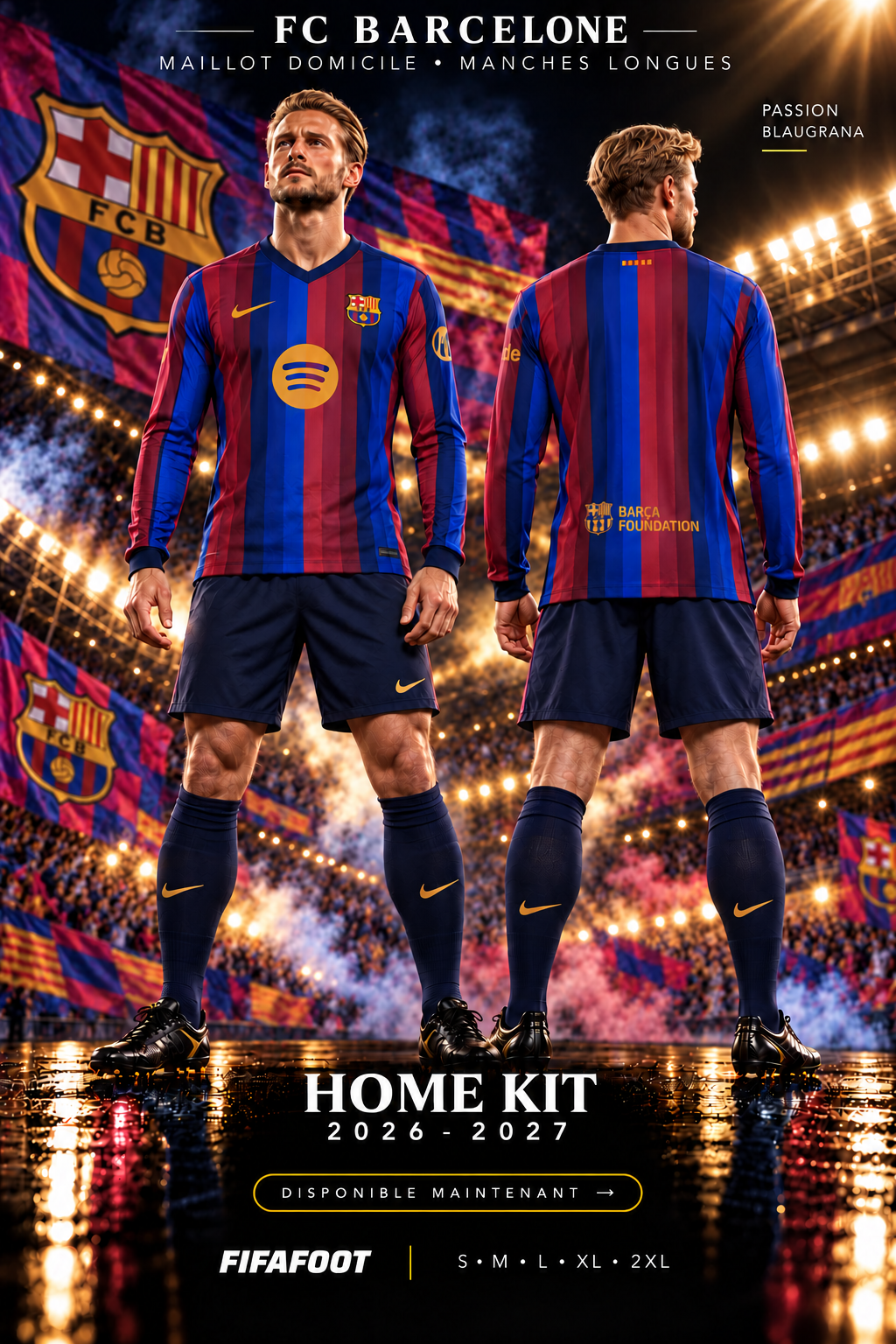 Affiche FC Barcelone domicile 2026-2027 manches longues – nouveau mannequin de face et de dos