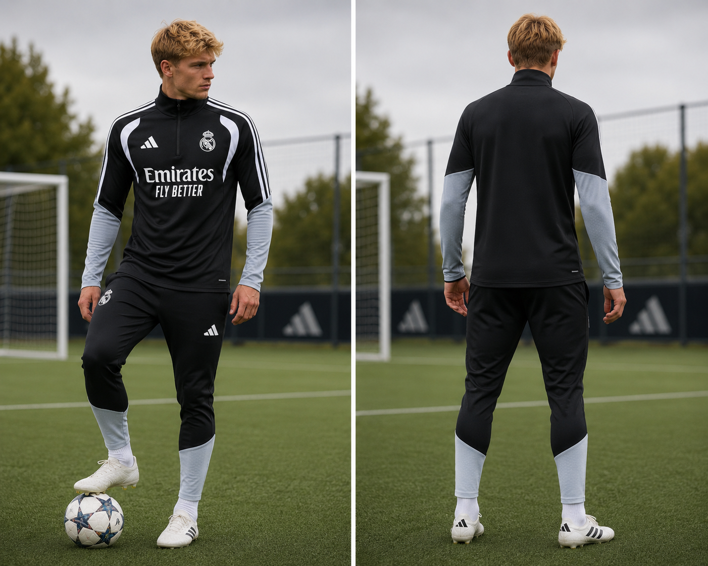 Ensemble Training Real Madrid Noir & Blanc 2026/2027 – Survêtement Football Homme Premium | Haut Zippé & Pantalon Slim Fit