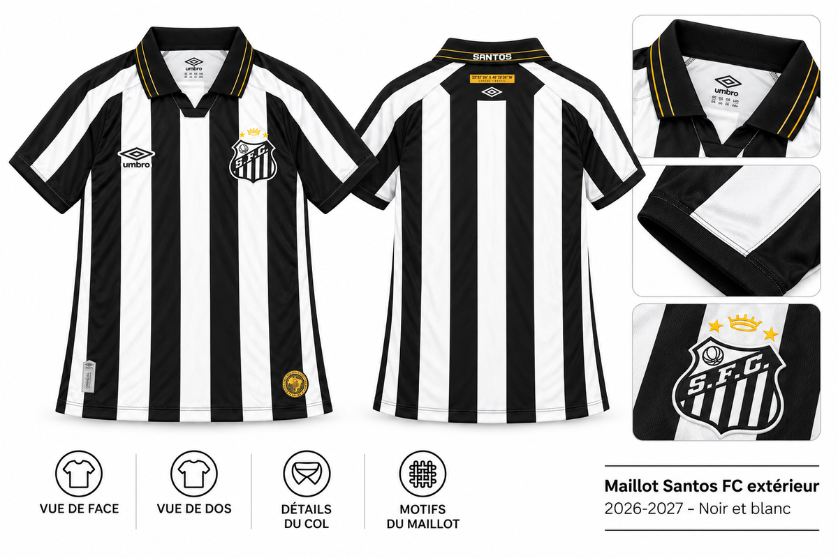 Maillot Santos FC extérieur 2026-2027 – Noir et blanc — présentation face, dos et détails sur fond blanc