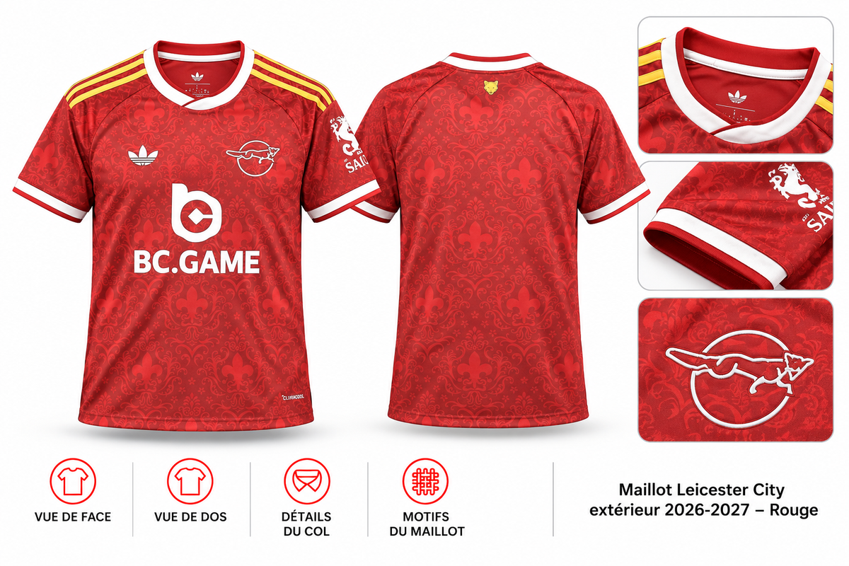 Maillot Leicester City extérieur 2026-2027 – Rouge — présentation face, dos et détails sur fond blanc
