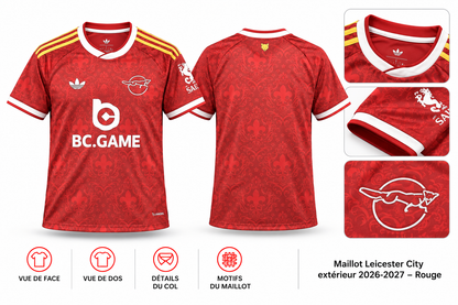 Maillot Leicester City extérieur 2026-2027 – Rouge — présentation face, dos et détails sur fond blanc