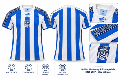 Maillot Monterrey édition spéciale 2026-2027 – Bleu et blanc — présentation face, dos et détails sur fond blanc