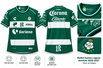 Maillot Santos Laguna domicile 2026-2027 – Vert et blanc — présentation face, dos et détails sur fond blanc
