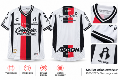 Maillot Atlas extérieur 2026-2027 – Blanc, rouge et noir — présentation face, dos et détails sur fond blanc