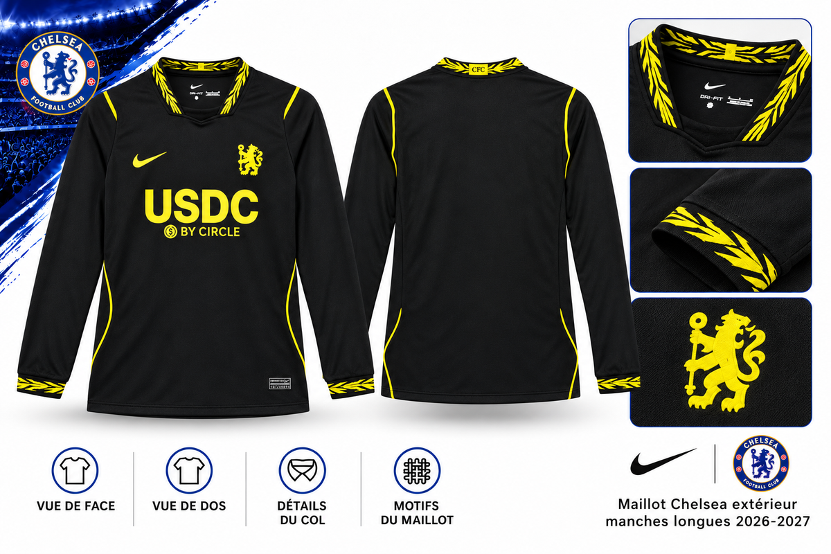 Maillot Chelsea extérieur manches longues 2026-2027 – vue d’ensemble face, dos et détails