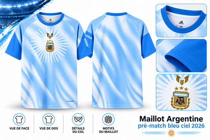 Maillot Argentine pré-match 2026 Messi Farewell bleu ciel – vue d’ensemble face, dos et détails