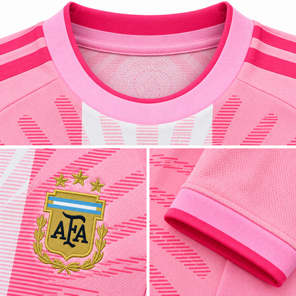 Maillot Argentine Messi Farewell commémoratif femme rose 2026 – détails du col, de l’écusson et de la manche