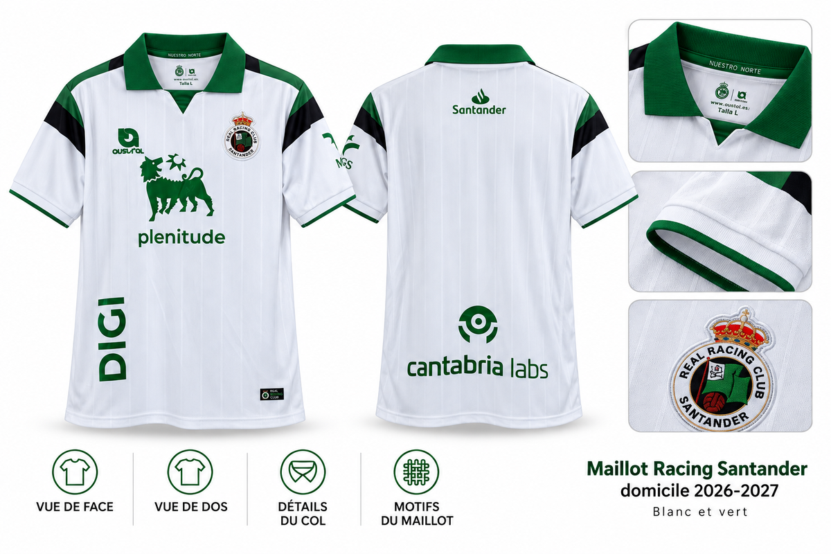 Maillot Racing Santander domicile 2026-2027 – Blanc et vert — présentation face, dos et détails sur fond blanc