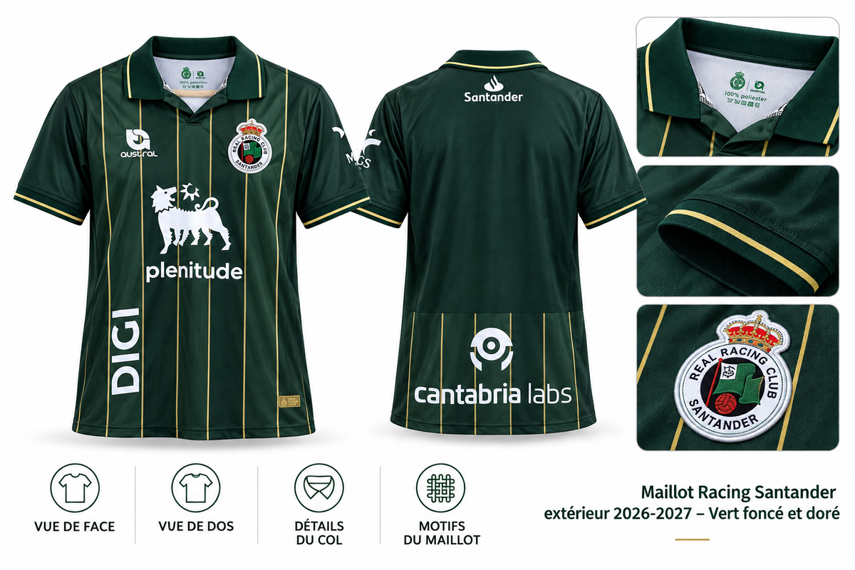 Maillot Racing Santander extérieur 2026-2027 – Vert foncé et doré — présentation face, dos et détails sur fond blanc