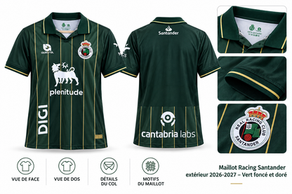 Maillot Racing Santander extérieur 2026-2027 – Vert foncé et doré — présentation face, dos et détails sur fond blanc