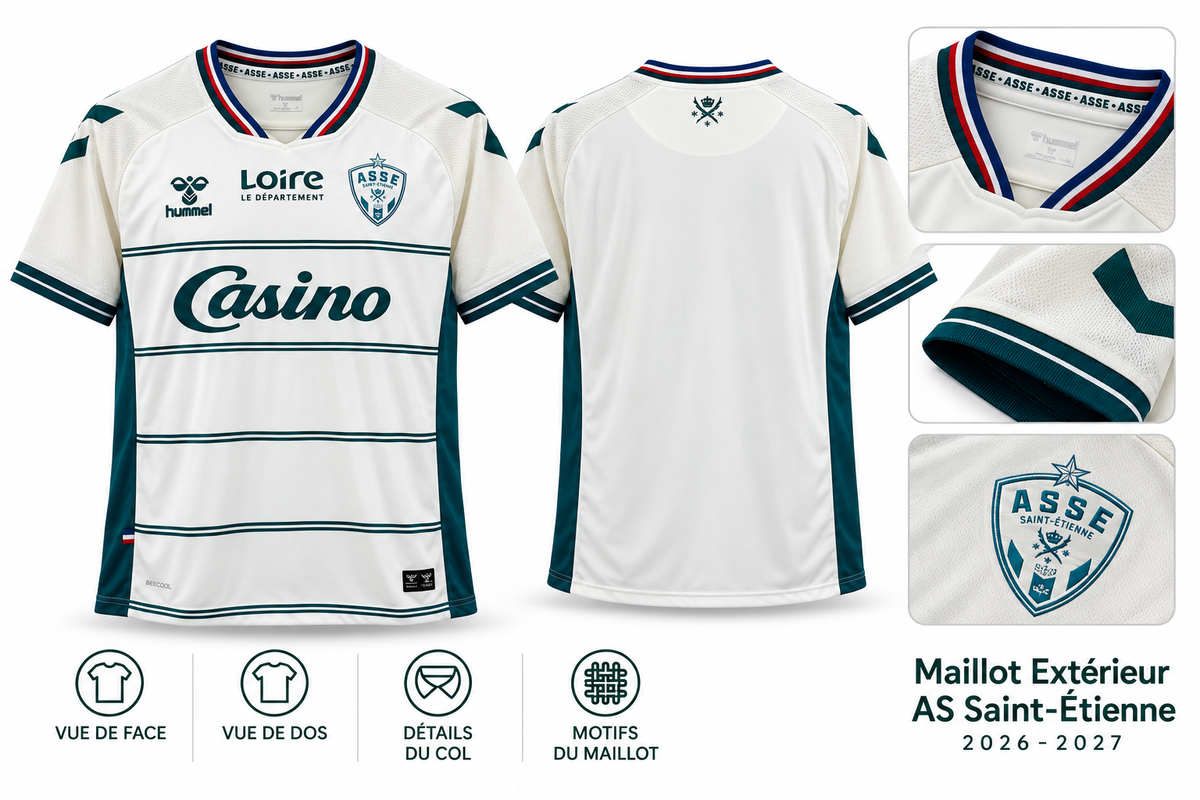 Maillot Extérieur AS Saint-Étienne 2026-2027 — présentation face, dos et détails sur fond blanc