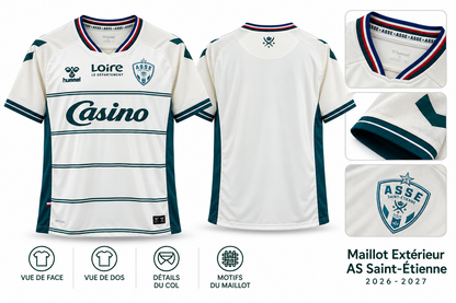 Maillot Extérieur AS Saint-Étienne 2026-2027 — présentation face, dos et détails sur fond blanc