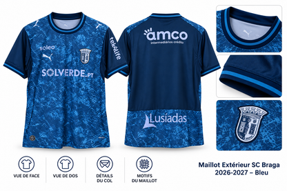 Maillot Extérieur SC Braga 2026-2027 – Bleu — présentation face, dos et détails sur fond blanc