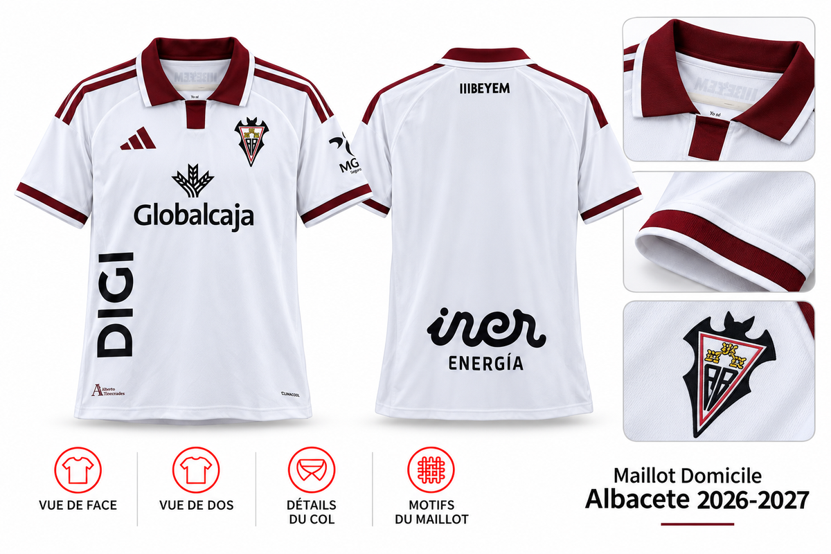 Maillot Domicile Albacete 2026-2027 — présentation face, dos et détails sur fond blanc