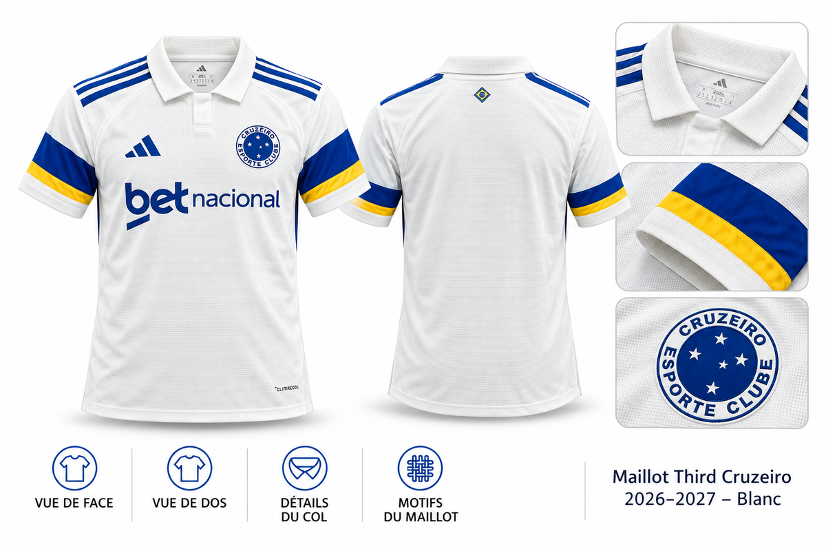 Maillot Third Cruzeiro 2026-2027 – Blanc — présentation face, dos et détails sur fond blanc