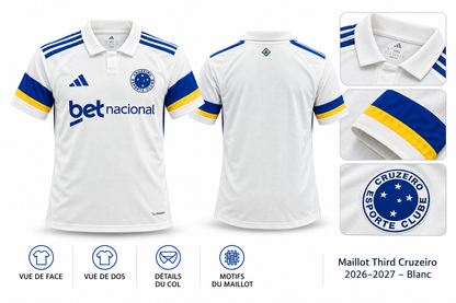 Maillot Third Cruzeiro 2026-2027 – Blanc — présentation face, dos et détails sur fond blanc