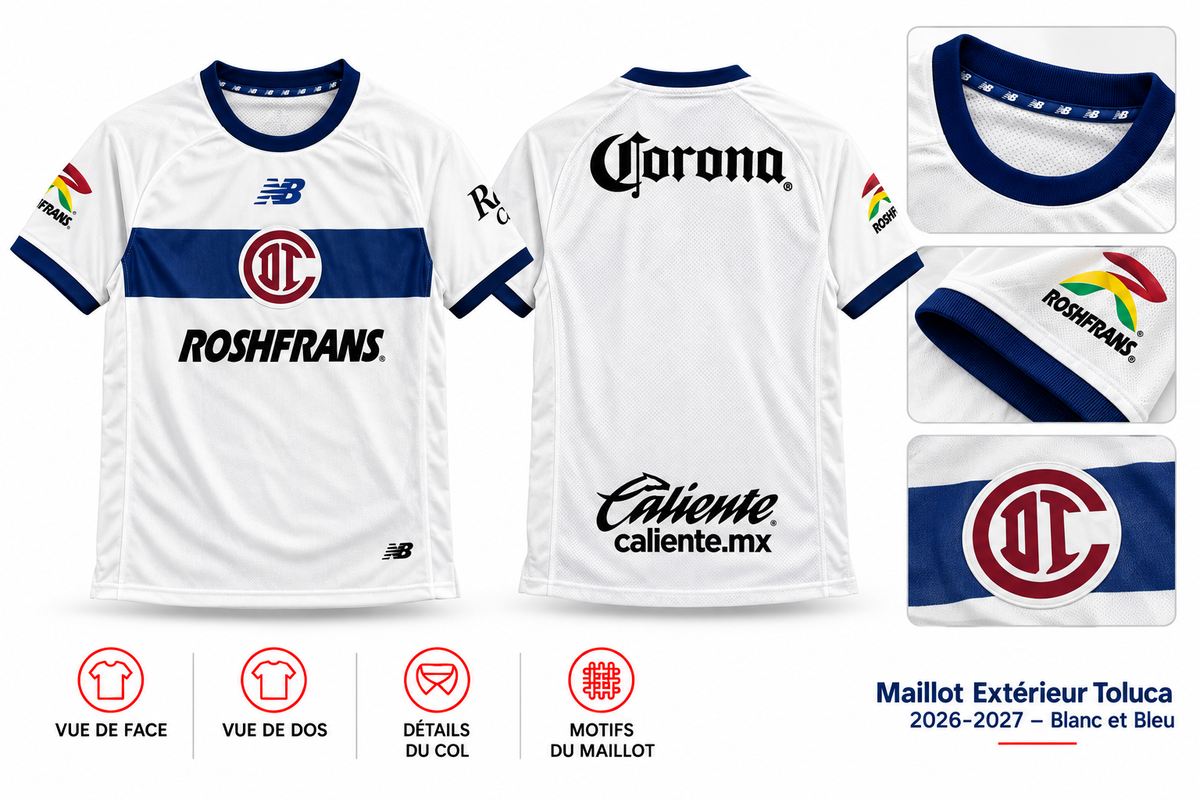 Maillot Extérieur Toluca 2026-2027 – Blanc et Bleu — présentation face, dos et détails sur fond blanc
