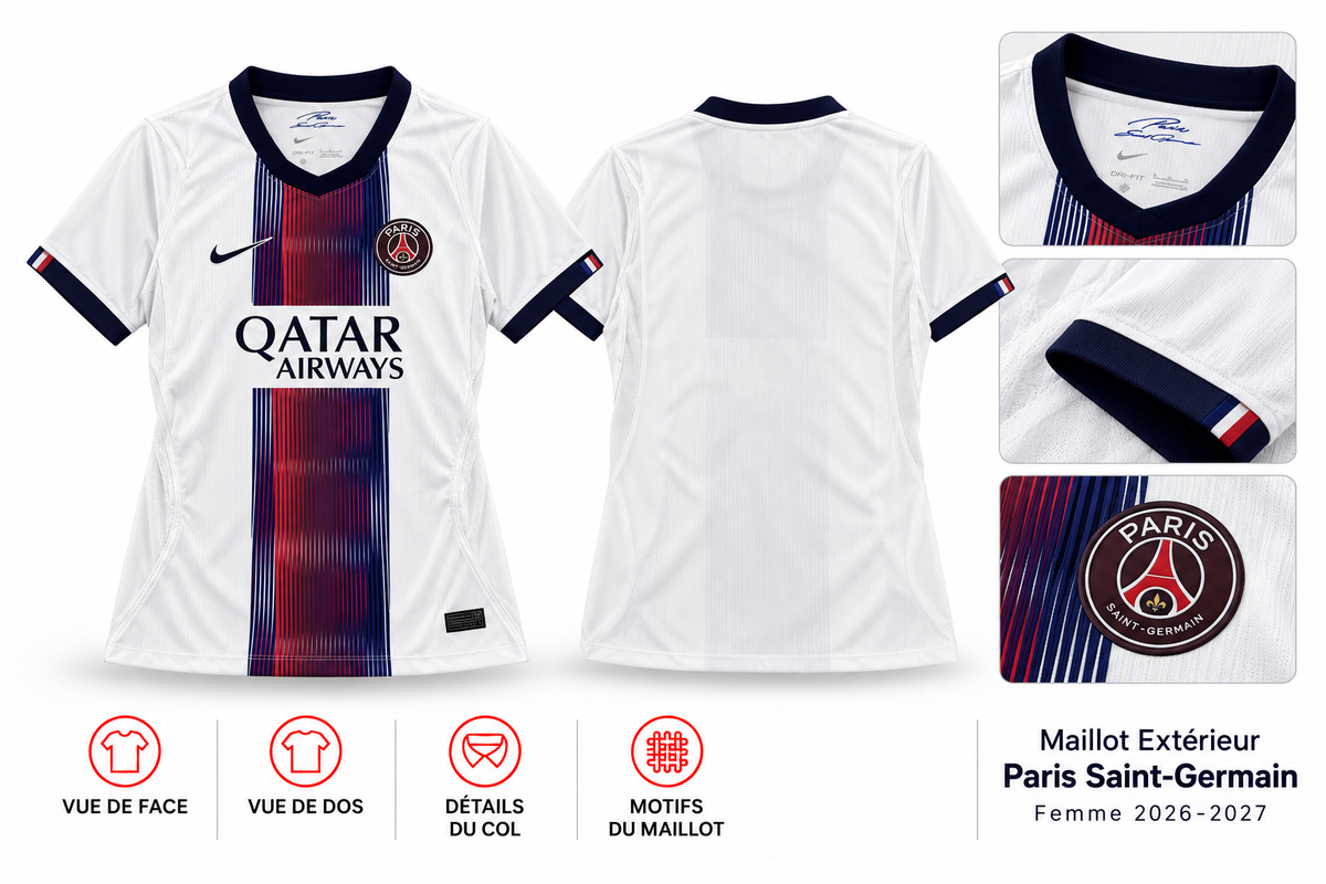 Maillot Extérieur Paris Saint-Germain Femme 2026-2027 — présentation face, dos et détails sur fond blanc