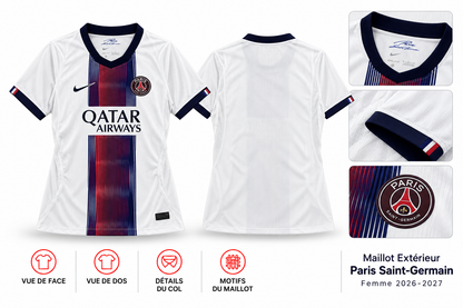 Maillot Extérieur Paris Saint-Germain Femme 2026-2027 — présentation face, dos et détails sur fond blanc