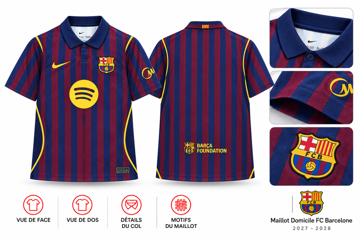 Maillot Domicile FC Barcelone 2027-2028 — présentation face, dos et détails sur fond blanc