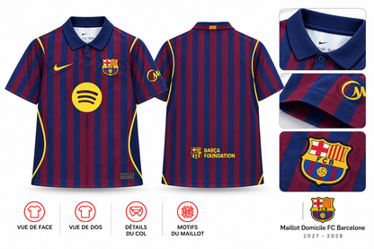 Maillot Domicile FC Barcelone 2027-2028 — présentation face, dos et détails sur fond blanc