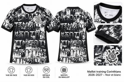 Maillot training Corinthians 2026-2027 – Noir et blanc — présentation face, dos et détails sur fond blanc