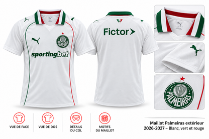 Maillot Palmeiras extérieur 2026-2027 – Blanc, vert et rouge — présentation face, dos et détails sur fond blanc