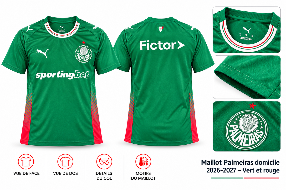 Maillot Palmeiras domicile 2026-2027 – Vert et rouge — présentation face, dos et détails sur fond blanc