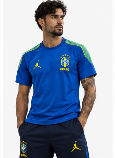 Haut entraînement Brésil bleu porté par mannequin