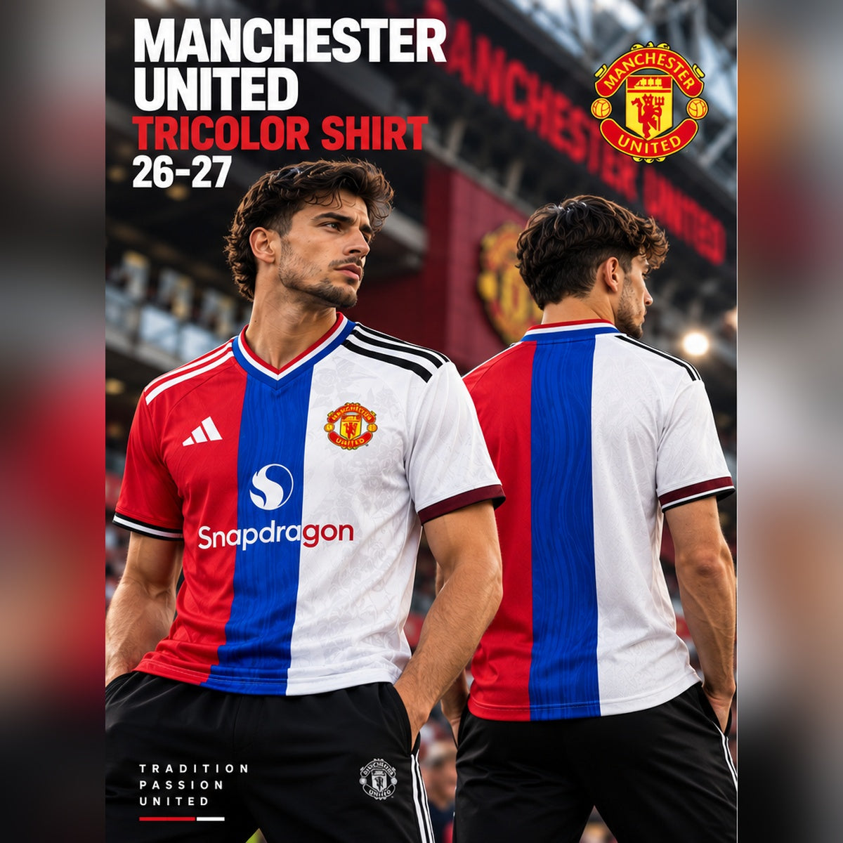 Affiche Manchester United Tricolor 2026-2027 avec vues face et dos