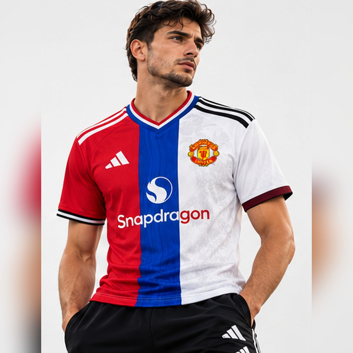Maillot Tricolor Manchester United 2026-2027 porté par un mannequin homme