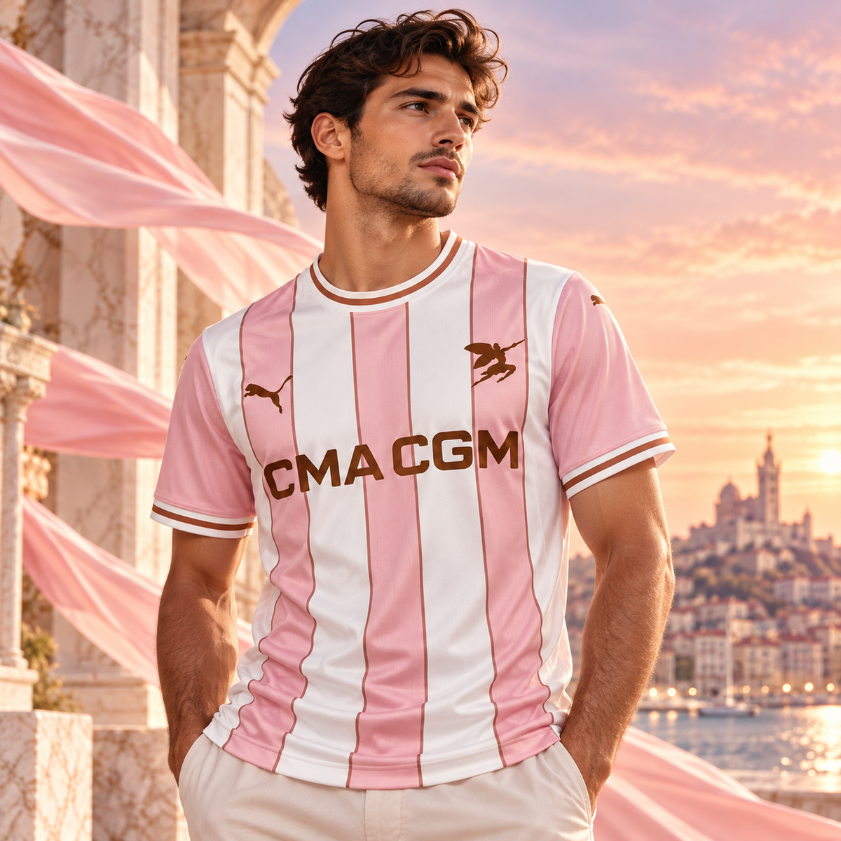 Affiche premium – homme portant le maillot OM Limited Special 2026/27 rose et blanc