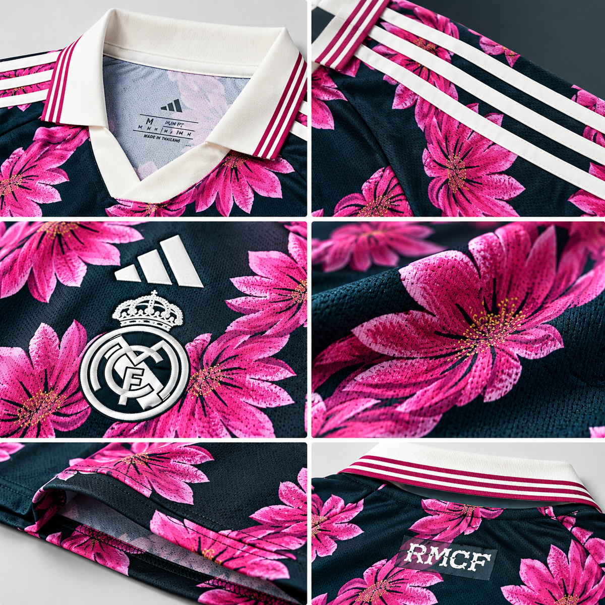 Real Madrid Special Edition 2026-2027 — Détails des fleurs roses, du col et du textile