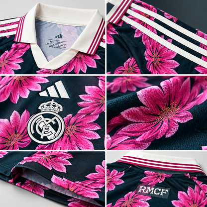 Real Madrid Special Edition 2026-2027 — Détails des fleurs roses, du col et du textile