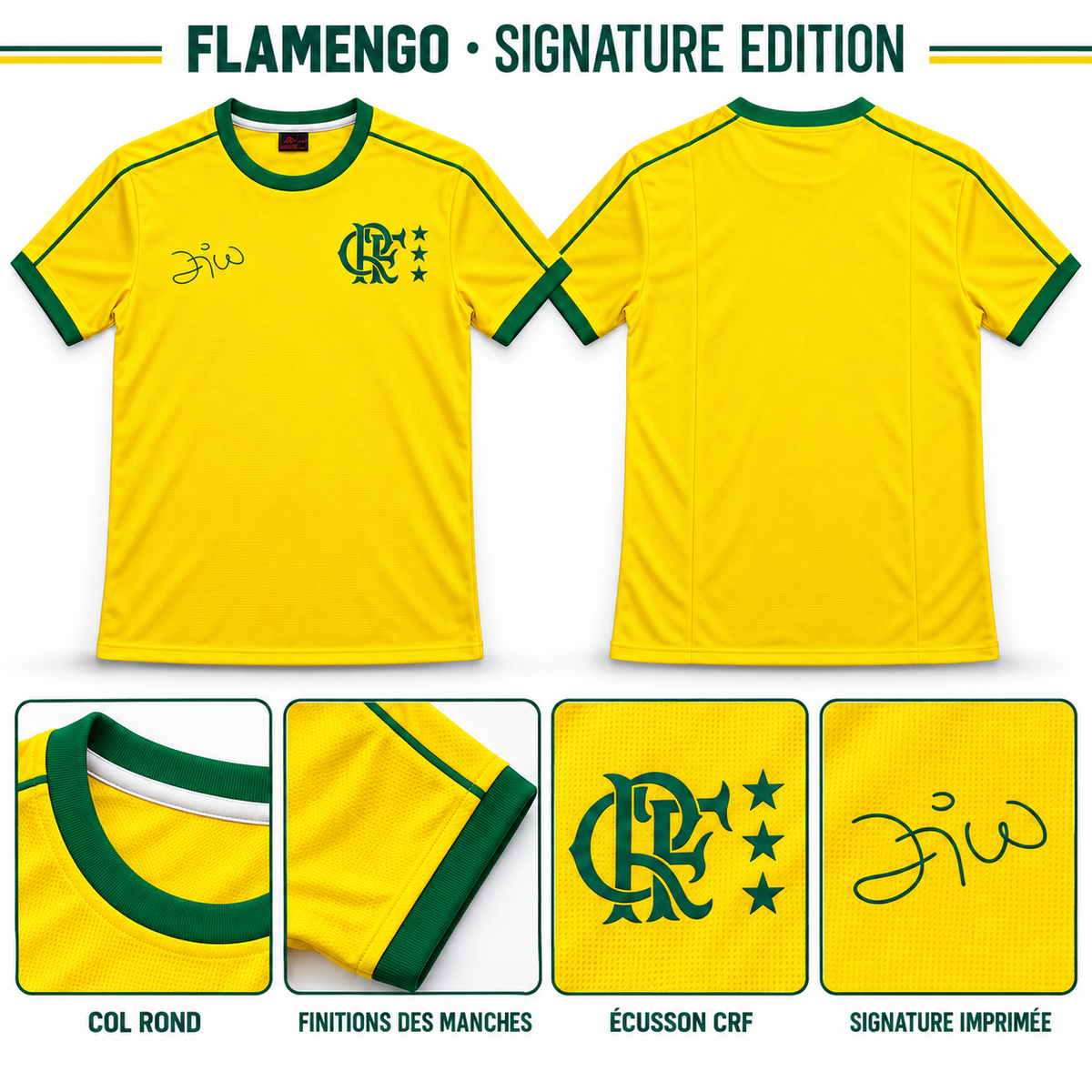 Flamengo Signature Edition – détails du col, des manches, du monogramme et de la signature imprimée