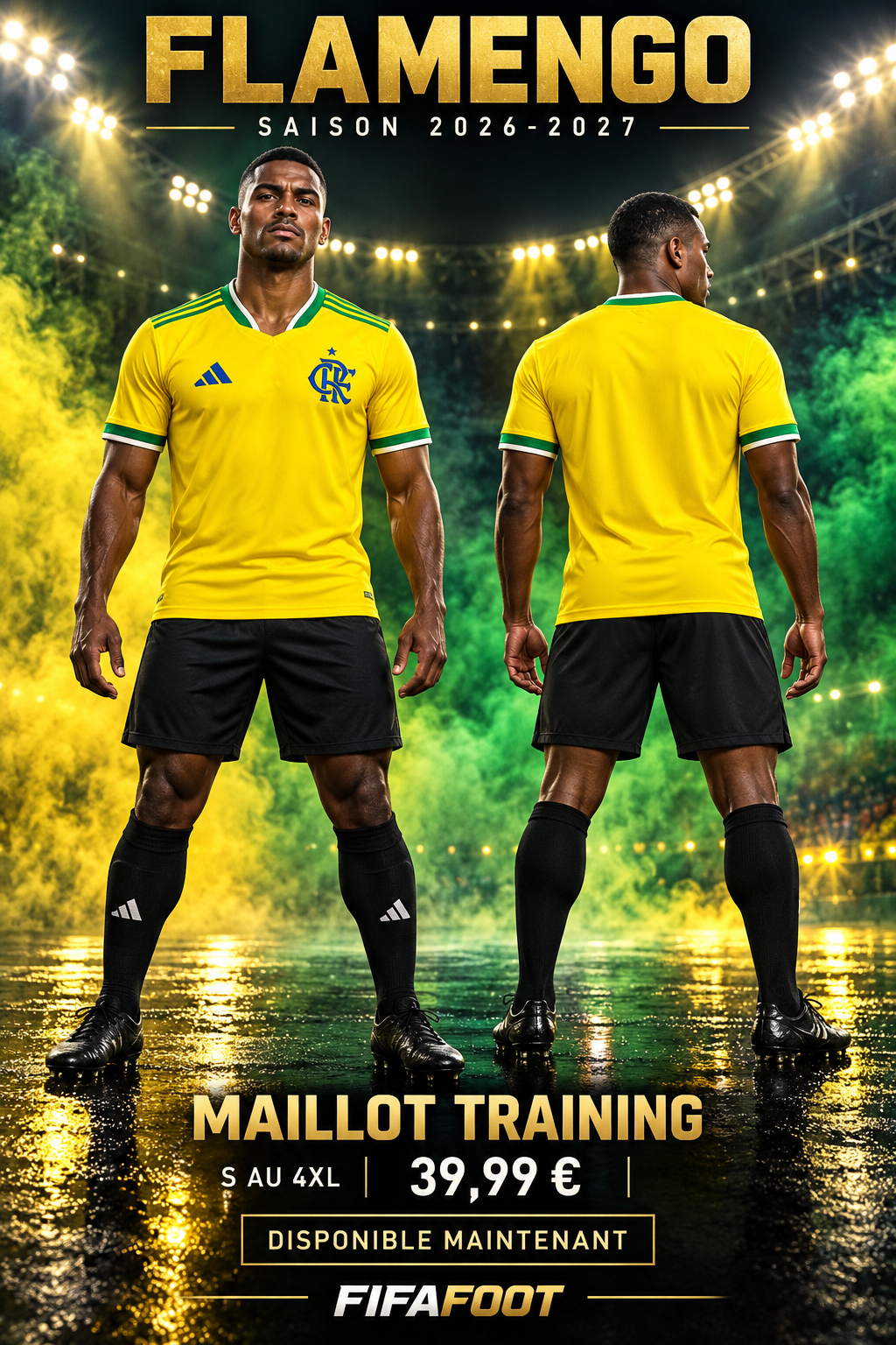 Affiche maillot training Flamengo jaune – nouveau mannequin, face et dos
