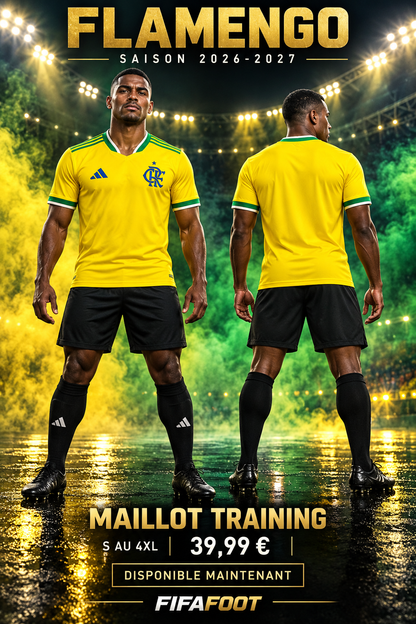 Affiche maillot training Flamengo jaune – nouveau mannequin, face et dos
