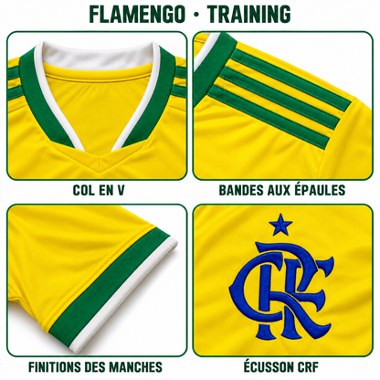 Maillot training Flamengo jaune – détails du col, des bandes, des manches et de l’écusson